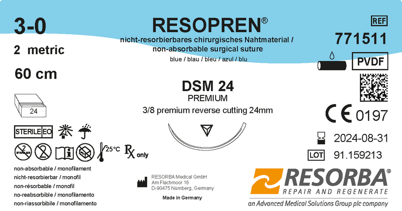 Резопрен USP2-0 синій, 60см, з кліпсами, звор-ріж. голка преміум 24мм, 3/8кола